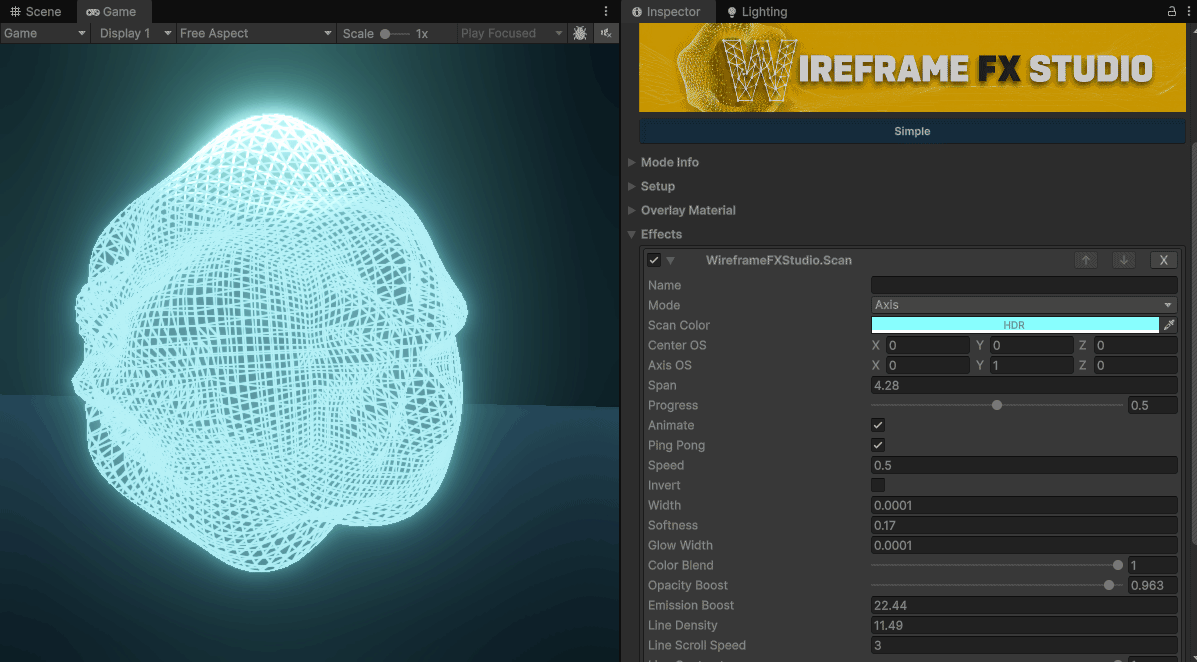 Wireframe scan material effect preview